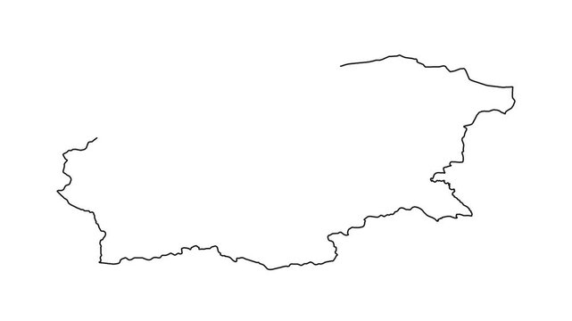 Black outline map of Bulgaria drawing itself on white screen as continuous line animation.