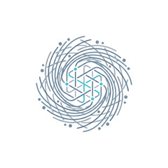 Fototapeta premium Abstract spiral vortex pattern with interconnected lines and dots in blue and grey colors representing complex network and data flow systems