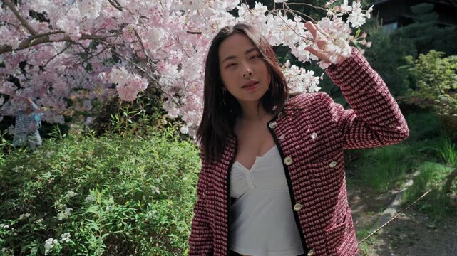 Young Woman Japanese Garden Cherry Blossoms