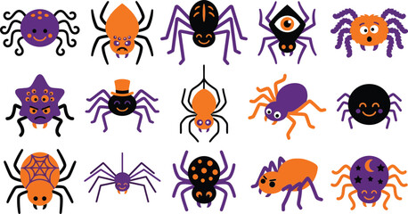 Fototapeta premium Spooky halloween day spiders cute cartoon insect illustrations for festive decorations and party supplies