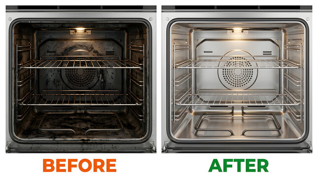 professional oven cleaning results | before and after kitchen appliance cleaning | deep cleaning oven interior comparison | remove burnt grease from oven