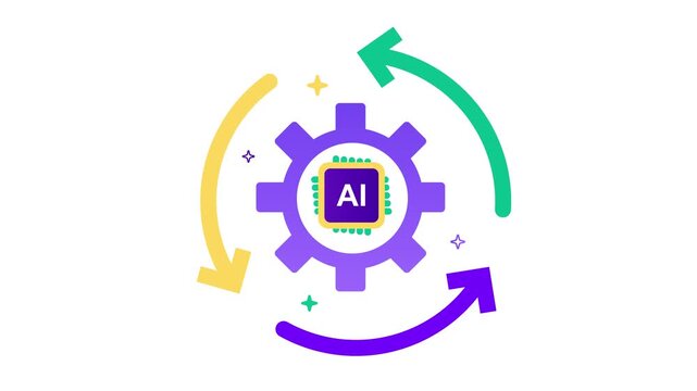 Colorful gear icon with ai chip and arrows on white background representing artificial intelligence and machine learning concepts doodle animated 4k stock video