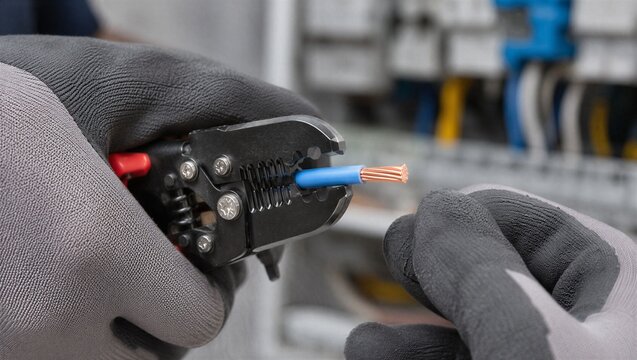 Electrician strips insulation from a blue copper cable using a professional hand tool. Electrical installation, precise preparation and safe wiring concept.