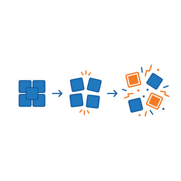 Conceptual of system instability and data fragmentation with exploding geometric blocks and warning symbols for risk analysis
