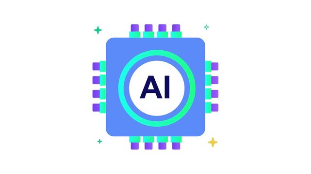 A blue and green graphic illustration of an ai chip on a white background with sparks doodle animated 4k stock video