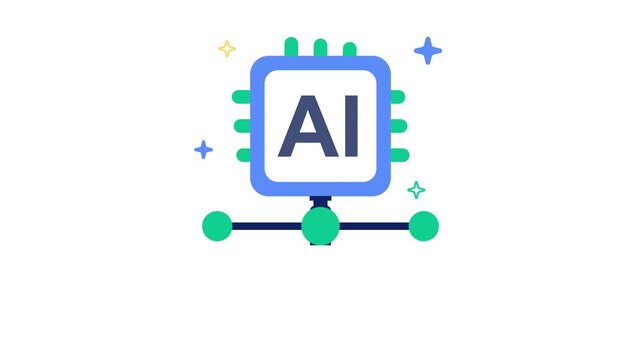 A blue and green vector illustration of an ai microchip with three connected nodes on a white background doodle animated 4k stock video