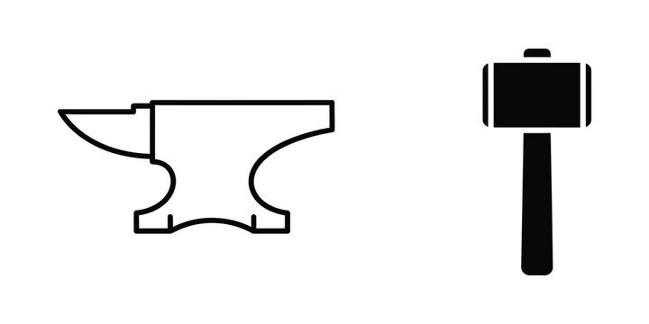 Blacksmith tools with heavy iron anvil and sledgehammer icon set in outline and solid black