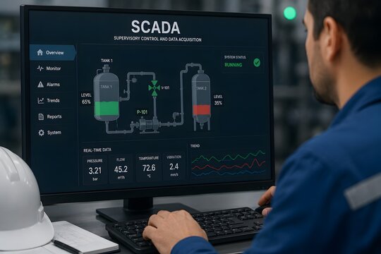 SCADA system interface on a computer screen displaying industrial process control and data visualization for concept of technology and engineering.
