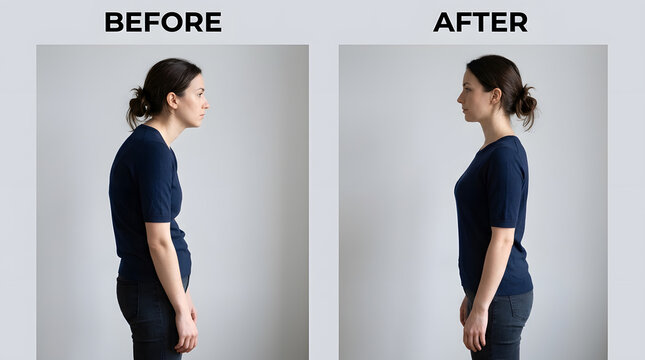 posture correction before and after woman | improving spinal alignment for better health | side view of bad vs good standing posture | woman fixing rounded shoulders and neck