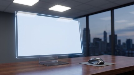 Fototapeta premium Medium shot of a glowing blank screen on a futuristic transparent monitor representing digital innovation with copy space in a modern office.