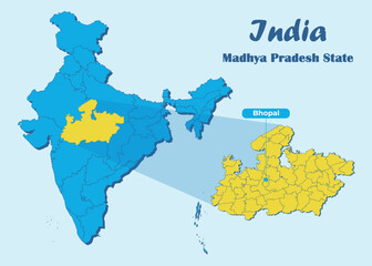 Fototapeta premium Madhya Pradesh state highlighted in yellow in Indian map with editable vector illustration. Political map showing the location of Madhya Pradesh with Bhopal marked, suitable for education, travel.