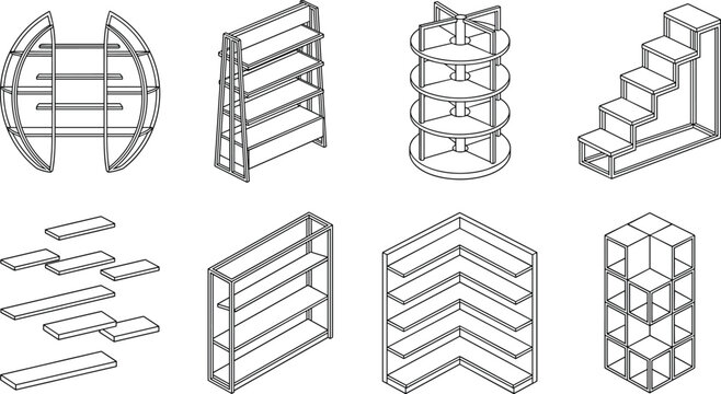 Set of various modern retail display shelving units in line art