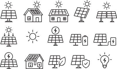 Collection of black and white vector graphic icons representing solar energy panels and sustainable power systems for residential home use © Monivara Creations