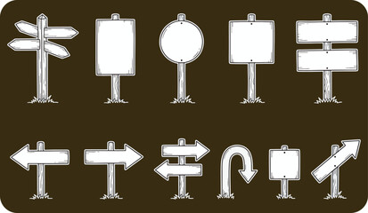 Set of rustic wooden signposts and blank direction boards for travel and navigation with signpost direction navigation wayfinding isolated illustration collection background © Golzar