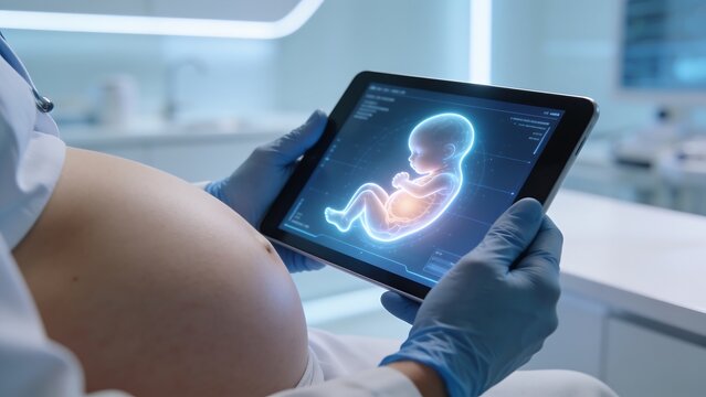 Pregnant Woman Viewing Fetal Ultrasound on Tablet in Clinic
