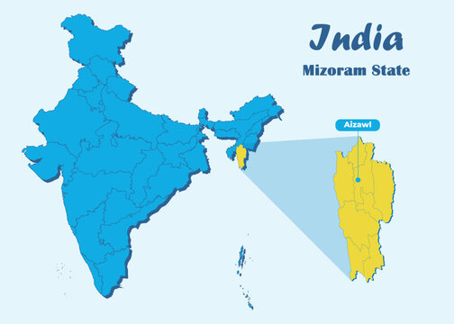 Mizoram state highlighted in yellow in Indian map with editable vector illustration. Political map showing the location of Mizoram with Aizawl marked, suitable for education, travel, geography.