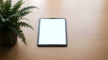 Fototapeta premium Top-down shot of a blank screen digital tablet representing modern technology with copy space on a wooden desk.