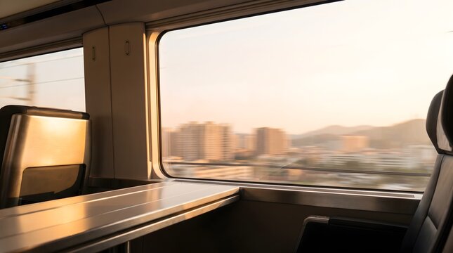 Interior view of modern train window looking out at blurred urban landscape, symbolizing progress, future, and fast travel at golden hour.