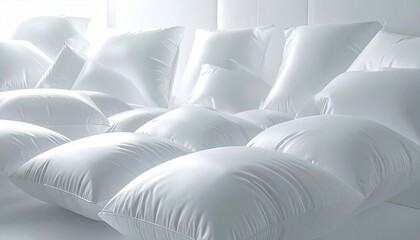 Fototapeta premium Luxury white bedding with oversized pillows and duvet. Minimalist hotel bedroom backdrop with plush soft furnishings for premium interiors.