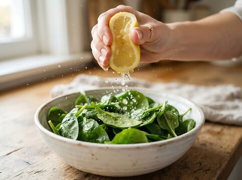 Hand squeezing lemon juice on spinach leaves in white bowl on wooden table person