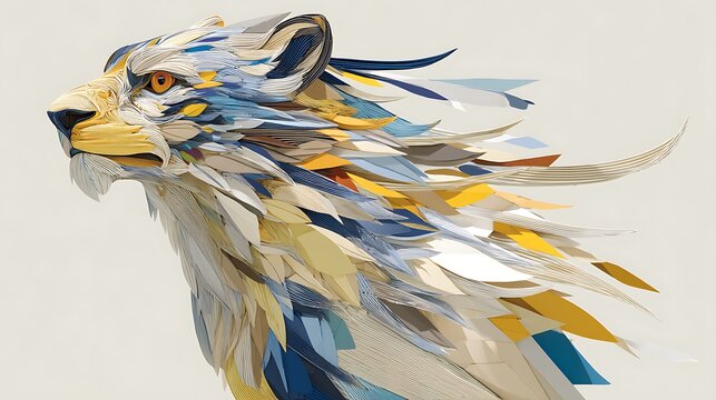 White feather with blue and yellow paint splatters on a white background