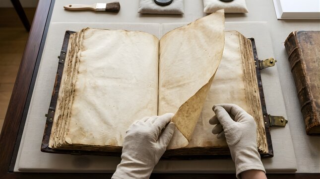 Archivist hands wearing white gloves turning the page of an antique book