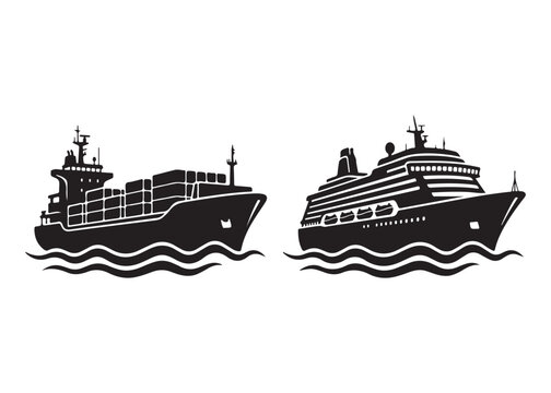Cargo ship and cruise ship sailing on the ocean waves side by side