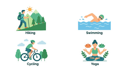 Naklejka premium Vector illustration of people exercising outdoors. Hiking, swimming, cycling, yoga Vector Illustration
