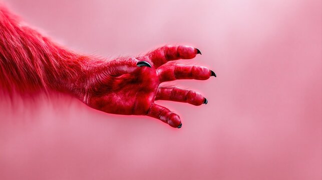 Red furry hand with claws on pink background