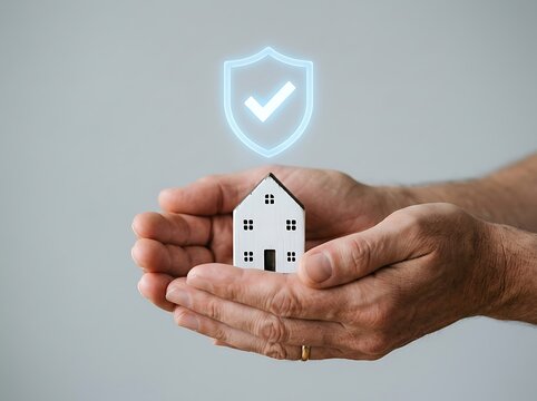 Hands holding small white house with glowing blue shield and checkmark small house
