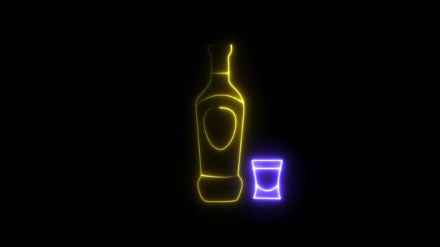Animated and Glowing neon liquor bottle and shot glass icon 4k animation  on black background. The for  bars, cocktails, spirits, nightlife, beverages, hospitality, modern graphic design and HD video