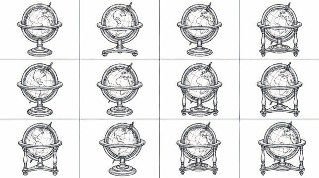 Collection of vintage globe illustrations in black and white.