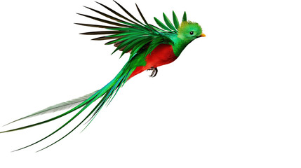 Obraz premium Vibrant green and red bird with long tail feathers soaring through sky