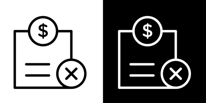 Invoice document icon with dollar coin and cross mark, for rejected payment, cancelled invoice, and failed transaction apps