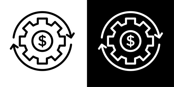 Gear dollar icon with rotating arrows, for financial process, cost management, and revenue optimization apps