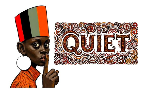 Caricature African male man with finger to lips to shush hush quiet illustration