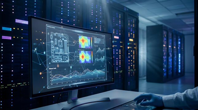 AI Generated cybersecurity engineer monitoring data center server network analytics and thermal performance on computer screen in enterprise cloud facility digital illustration