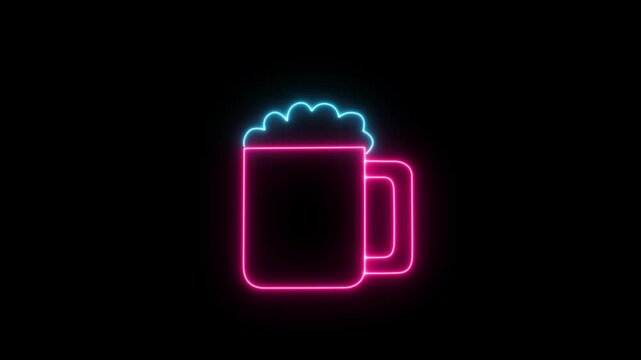 Luminous Beer Mug Neon Sign 4k Animation, Foamy Drink Glass Outline line animated on Dark Background . Modern Bar Beverage Icon, Seamless Looping animation video