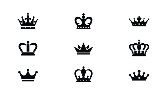 Black king queen crown icons set vector