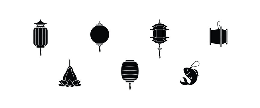 Asian lantern icons set black silhouette vector