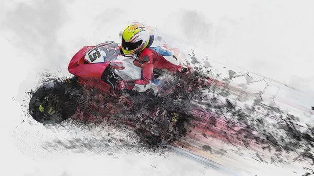 Motorcycle racer in action with watercolor particle effect