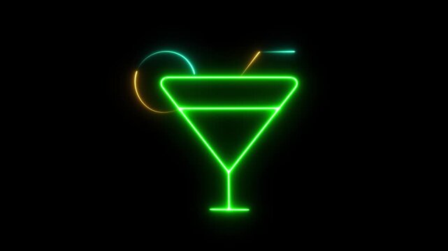 Futuristic Cocktail Outline and Electric Neon Martini Glass with Citrus Accent and Straw, Luminous Nightlife Beverage Icon animated on a Black Background . The motion video Seamless 4K Loop Animation