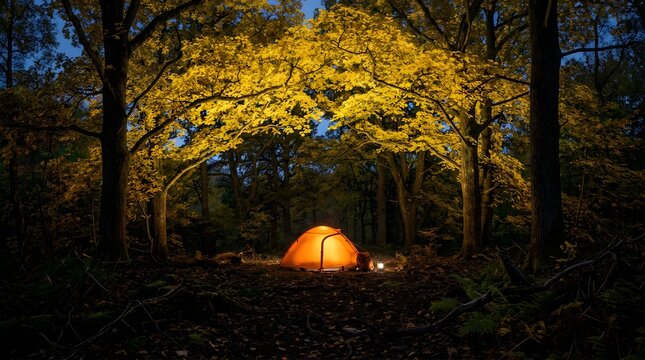 Illuminated orange tent camping in a dark autumn forest at twilight