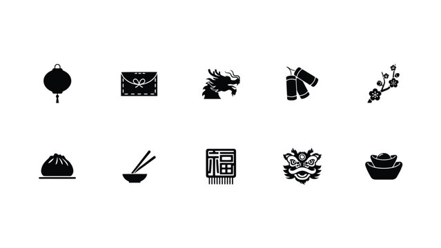 Chinese new year icons set with lantern dragon mask dumpling