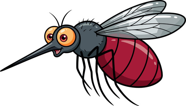 Cartoon Mosquito Character with Red Blood Filled Abdomen Vector Illustration for Health Awareness Campaigns, Pest Control Services, and Medical Education Infographics