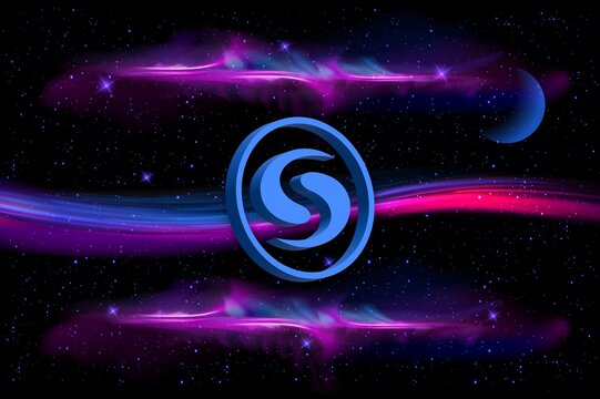 syscoin-sys cryptocurrency images on digital background. 3d illustration.