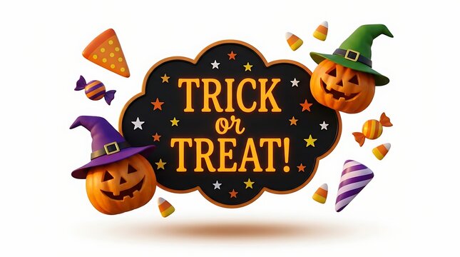 Trick or treat Halloween banner with 3d jack o lantern pumpkins wearing witch hats, floating candies and stars on black board isolated on white background