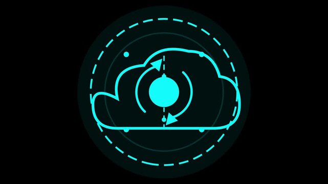 Cybernetic cloud computing icon showing data synchronization, network transfer, and digital storage concepts. Represents modern technology, connectivity, and online information flow
