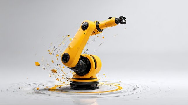 Industrial robotic arm with liquid splash on white background
