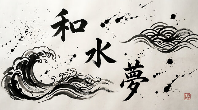 Traditional chinese calligraphy brush art with moon